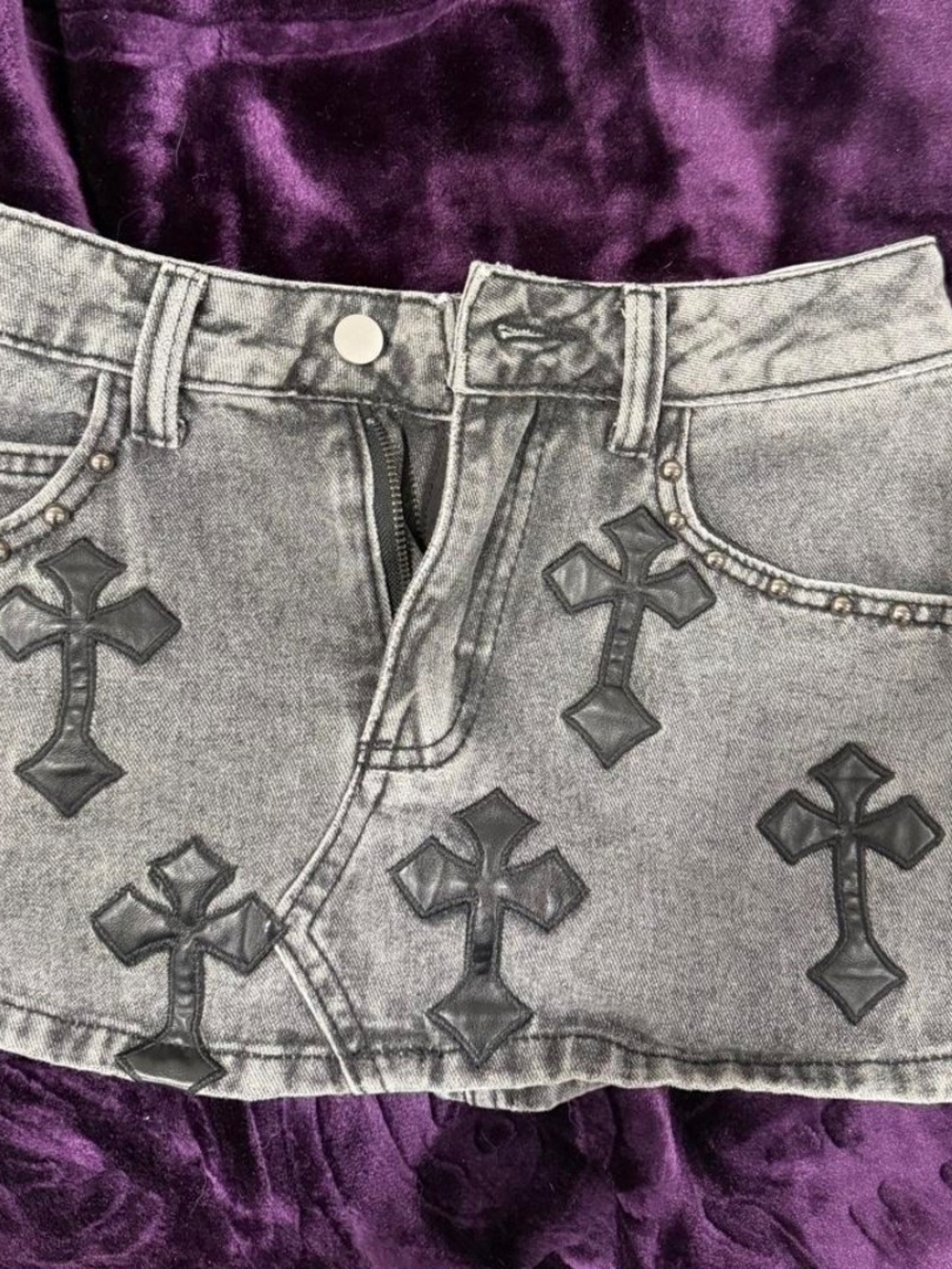 Gray Embroidered Cross Denim Mini Skirt - Gray